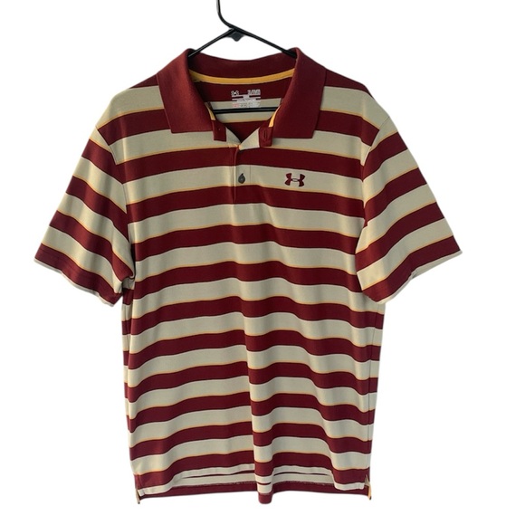 Under Armour Other - Under Armour Mens Loose Heatgear Strength Stripe Red Cream Polo Shirt Size XL